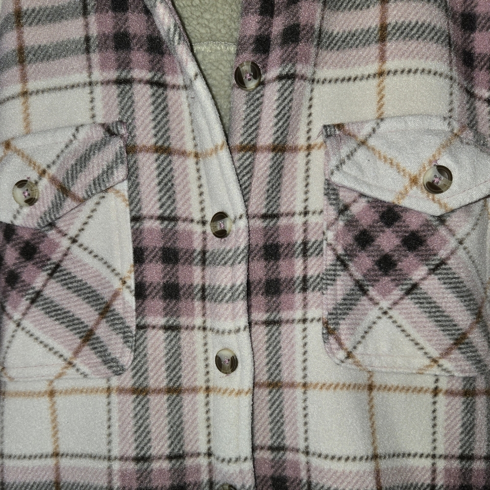 Sage Button Up Fleece Sherpa Shirt Jacket Plaid Pink Tan Pockets Size L - Picture 2 of 4